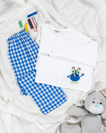 Playful Bloop Monster With Blue Gingham Pyjama