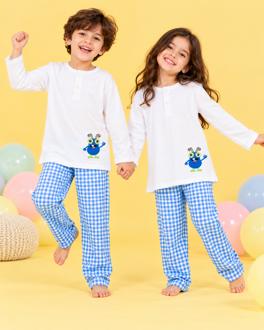 Playful Bloop Monster With Blue Gingham Pyjama